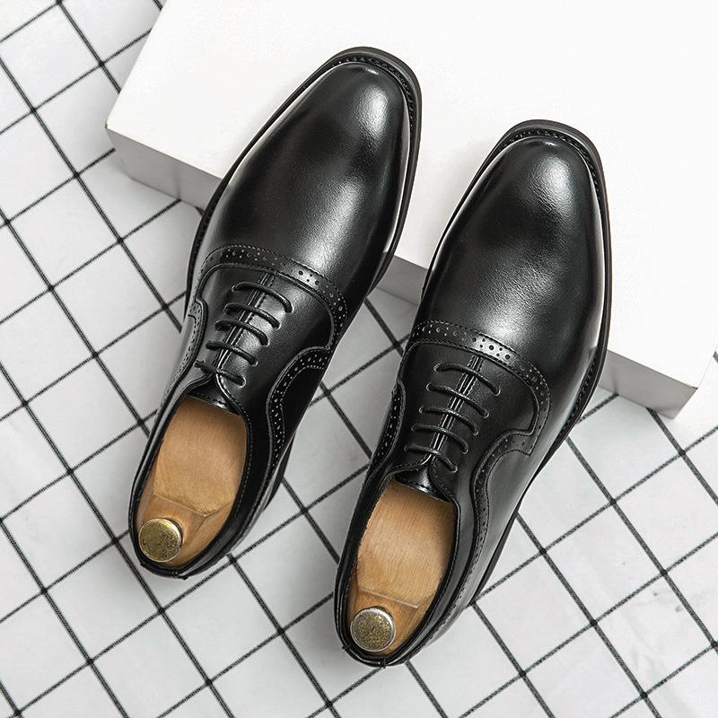 Leather Shoes British Retro Brock Carved Business Dress Casual Inner Height Increase Pointed Breathable Groom Wedding Shoes
