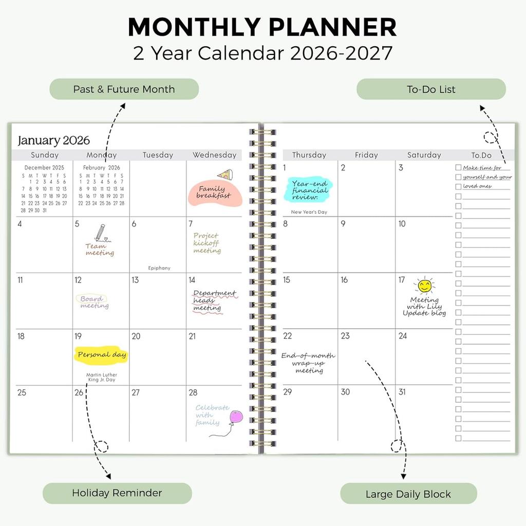 SKYDUE Monthly Planner 2026-2027, 24 Months Calendar Planner 2026-2027, 7.5" x 10" B5 Planner, Twin-wire Spiral Bound, Durable Waterproof Cover,