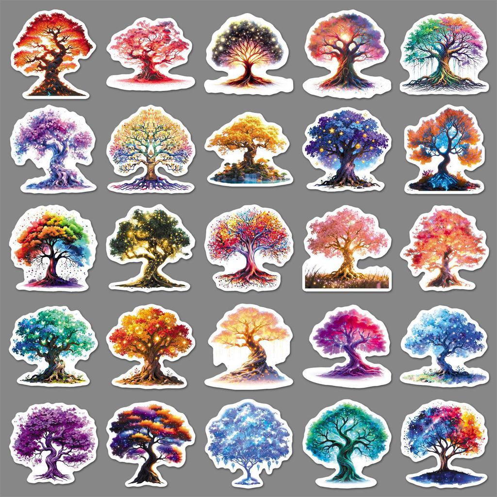 50 PCS Luminous Tree of Life Stickers: Colorful Cartoon Decor for Journals, Water Bottles, Storage Boxes & Stationery