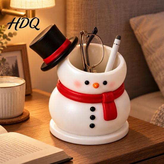 Holiday Home Decoration Cute Snowman Storage Container Durable Resin Makeup Brush Holder Entryway Key Tray Decorative Pen Holder for Office Tabletop