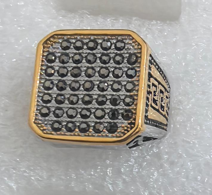 LNCHRAN Men's Retro Two-Tone Ring with Black Synthetic Zirconia, 304 Stainless Steel Square Design