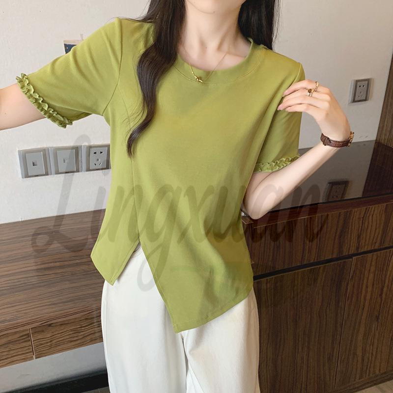 

2026 Summer Plus Size Women s Ruffled Irregular Short Sleeve T-shirt 3XL зелений