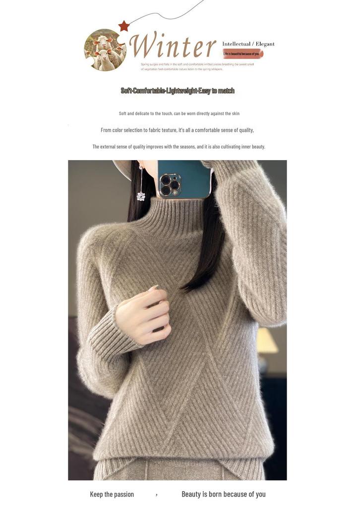 Women's Autumn/Winter Half-High Collar Knit Wool Sweater: Elegant, Loose-Fit Diamond Pullover