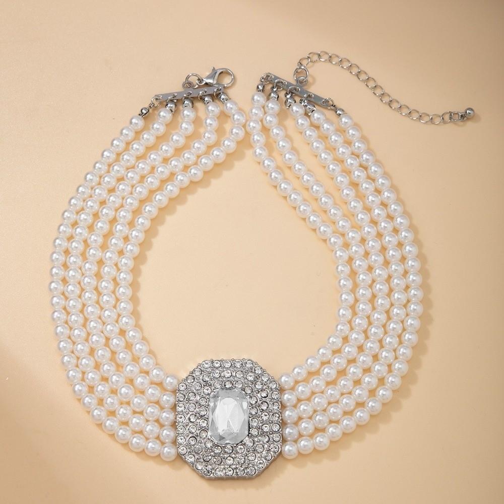 Charm Rhinestone Necklace Imitation Pearl Women Choker Vintage Pearl Multilayer Necklace  Party