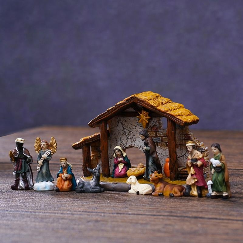 Nativity Statues Figures Set Resins Manger Scene Minaiture Figurines Ornaments for Mantels and Shelf Christmas Decors
