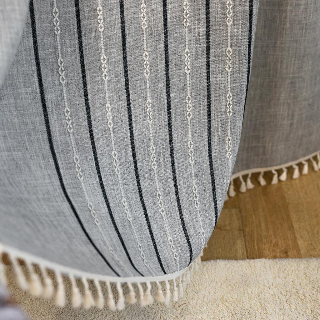 Finished Curtains American Country Living Room Semi-Blackout Windows Geometric Stripes Coffee Kitchen Curtains