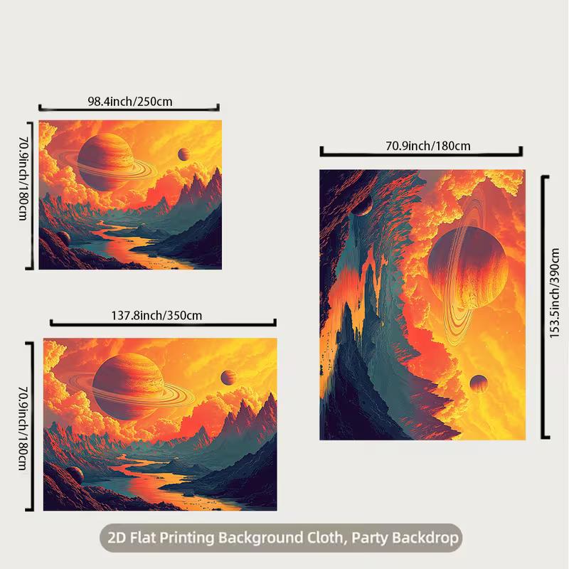 2D Sci-Fi Landscape Backdrop Mountain River with Planets and Dramatic Clouds Party Photo Background