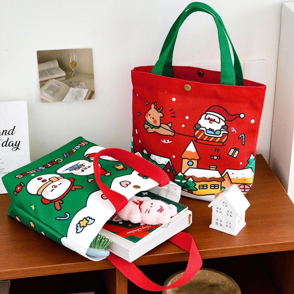 Christmas Gift Bags Reusable Canvas Tote girl & Women, Festive Santa Snowman Pattern with Snap Closure, Shopping, and Daily Use