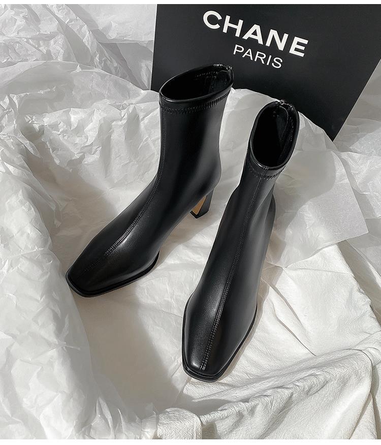 Brown Short Boots Women's High Heels Autumn and Winter New Velvet Thick Heel French Small Ankle Boots Rear Zipper Elastic Square Head Thin Boots