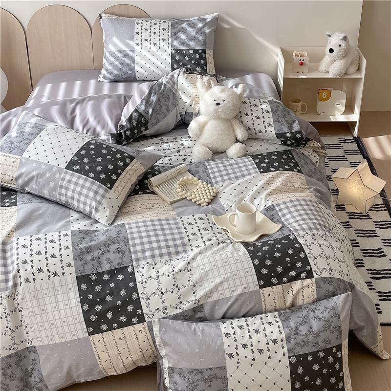 3Pcs Vintage Floral Plaid Pattern Duvet Cover Set 100% Cotton Ultra Soft Comforter Cover with Zipper Flowers Queen Bedding Set