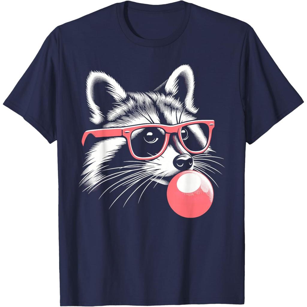 Funny Raccoon Graphic Tee Hipster Animal Wearing Pink Glasses Bubble Gum Short Sleeve T-Shirt