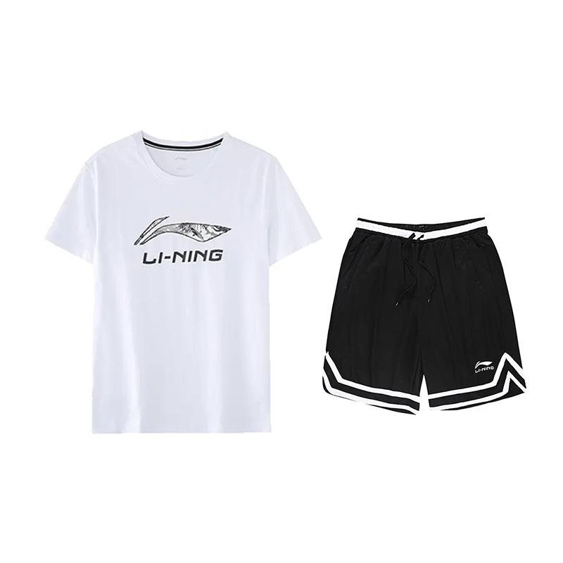 Li-Ning Letter Print Round Neck Short Sleeve T-Shirt Striped Logo Comfortable Shorts Casual Sports Suit Unisex Sportswear YHST165-1+YAPV001-1