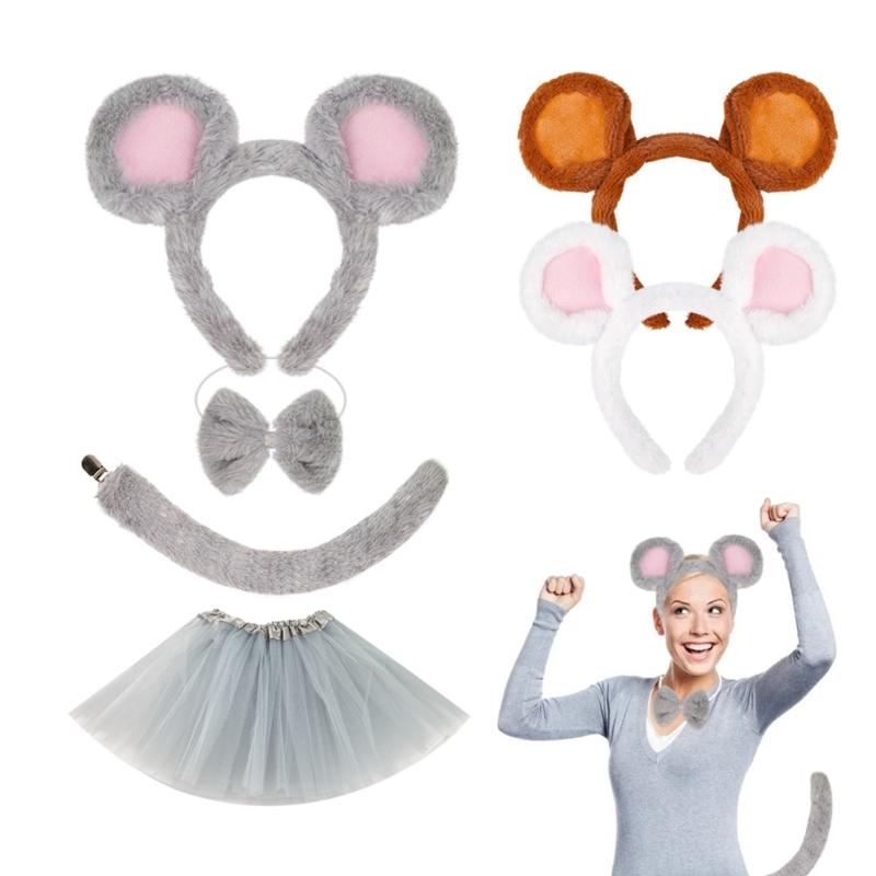 Set di Accessori Costume da Topo 1/3/4 Pezzi Costume di Halloween Costume da Vestire Orecchie da Topo Fascia Coda Gonna Tutù per Bambini Bambine