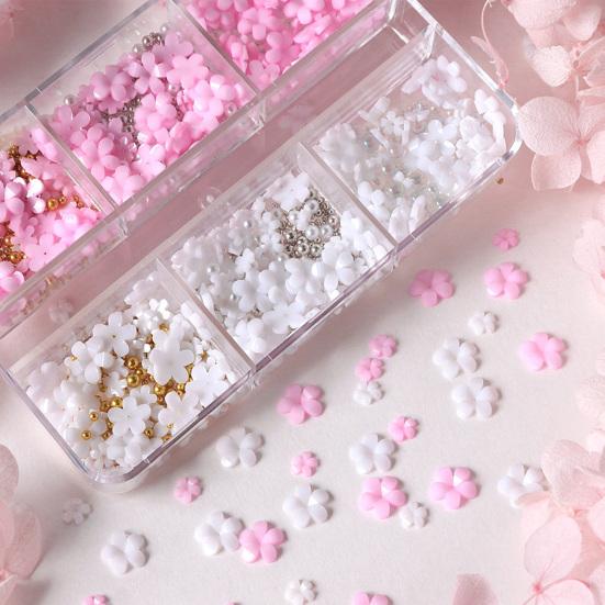 1 Box 3D Flower Nail Art Charm 6 Grids Resin Floral Charms Golden Beads DIY Nail Design Jewelry Crafts Manicure Decoration Accessories