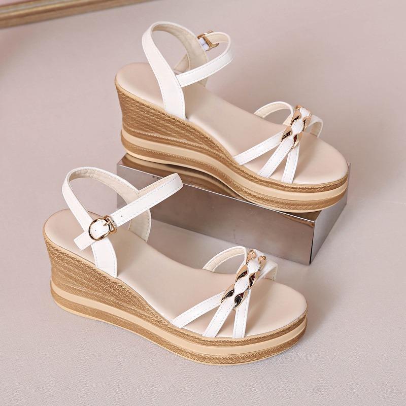 Wedge Sandals Women's Fashion Round Toe Metal Buckle Cross Slim Strap Platform Non-Slip High Heel Plus Size Shoes