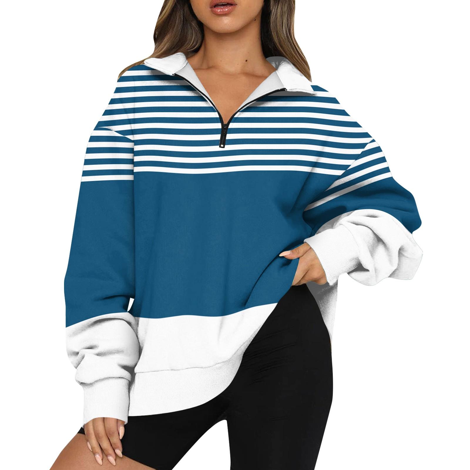 

Женская толстовка, модная, с длинными рукавами, в полоску, с принтом, с застежкой-молнией на половину длины XL синий