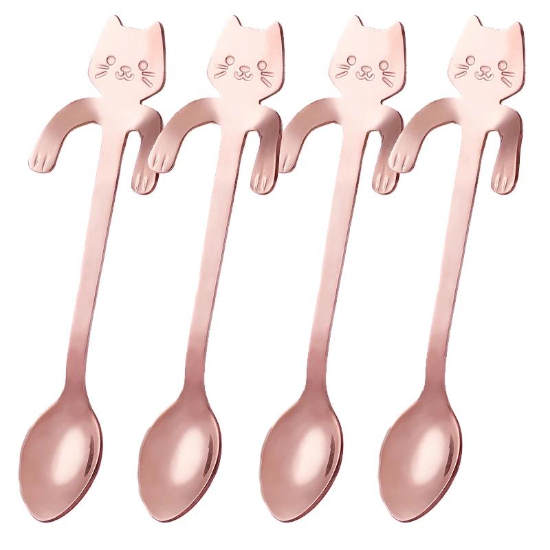 Cute Cat Coffee Spoon Stainless Steel Teaspoons Ice Cream Dessert Snack Scoops Cartoon Mini Cats Spoons Tableware Kitchen Tools