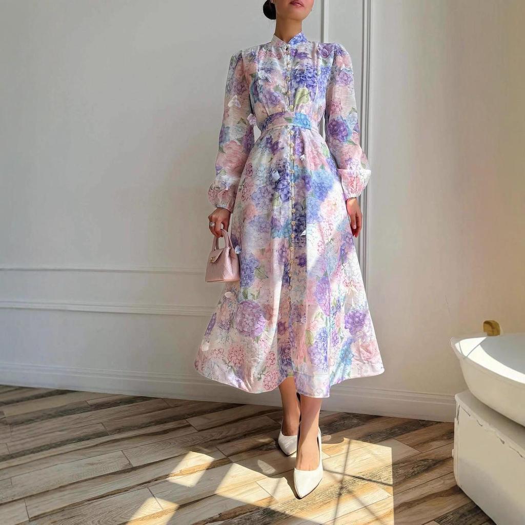2025 Autumn Women's European & American Style Retro Semi-High Neck Print Elegant Dress