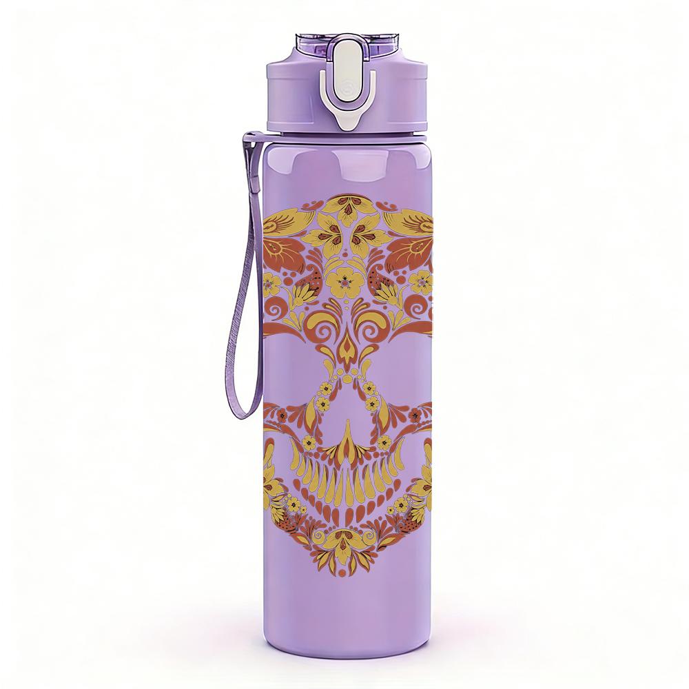1PC Ornate Floral Skull Retro Art Print 750ml Portable Sports Water Bottle Leakproof Gym Outdoor Travel Drink Cup