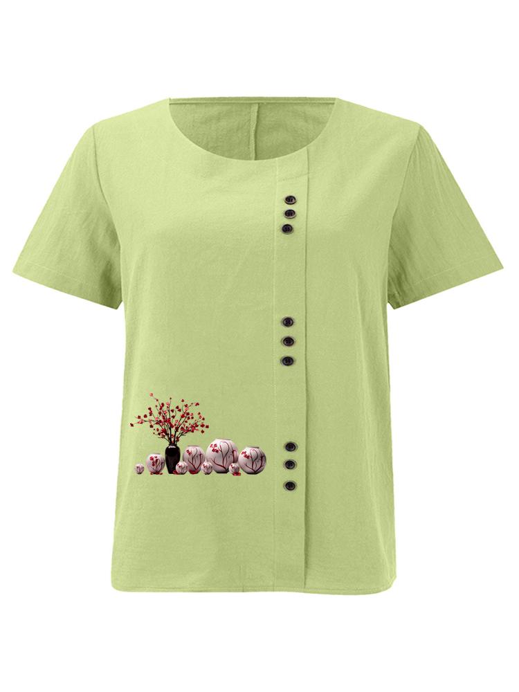 

Women s Fashion Vase Print Casual Cotton Linen Short Sleeve Round Neck T-shirt Shirt Leisure Loose Summer Blouse Tops 5XL зелений