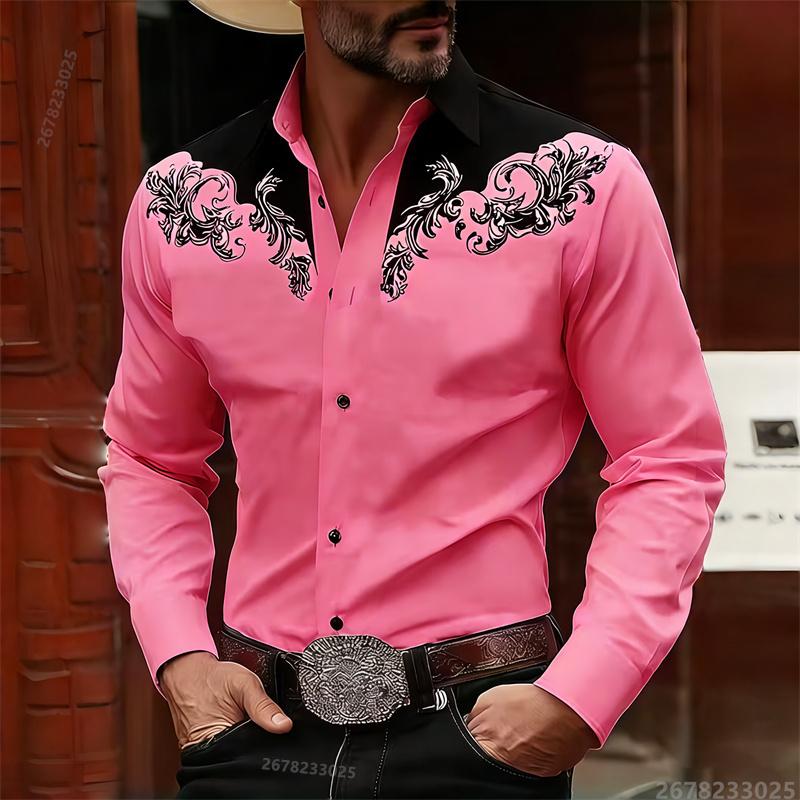 Camisa de Manga Larga para Hombre Estilo Vaquero Occidental Estampado de Bloques de Color Blanco y Negro, Top Casual de Moda Retro, Tejido de Alta Calidad