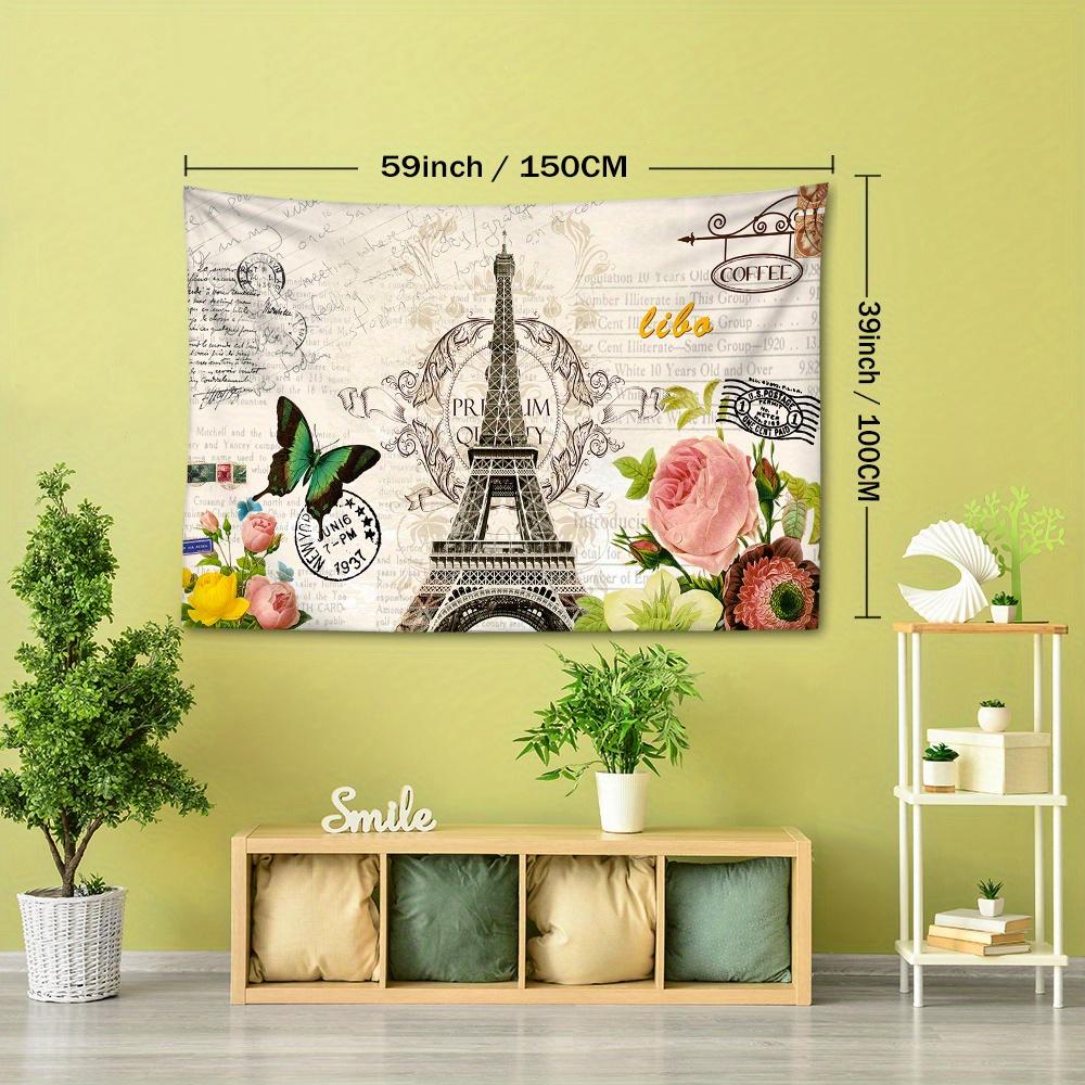 1pc French Paris Eiffel Tower Floral Tapestry, 126x320 inches, Polyester Soft and Flat Wall Hanging, No Power Needed, Woven, Textured, Natural Style R