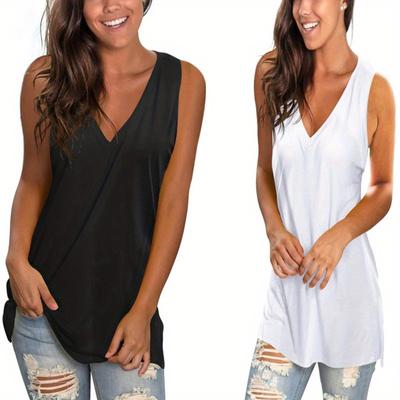 1pc Women's Summer Tank Tops Basic Tanks V Neck Sleeveless T Shirts Side Split
