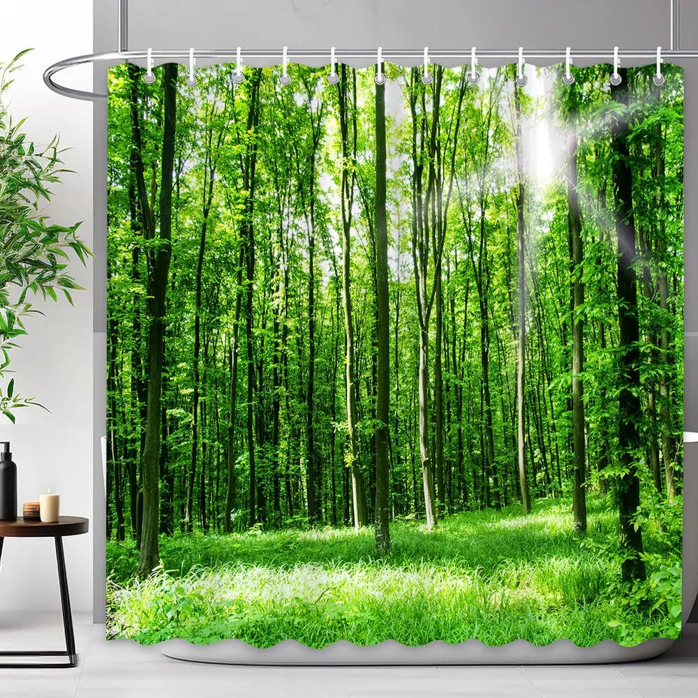 Outdoor Scenic Forest Shower Curtain With Hooks Green Plant Tree Waterfall Landscape Waterproof Shower Curtains Bathroom Decor