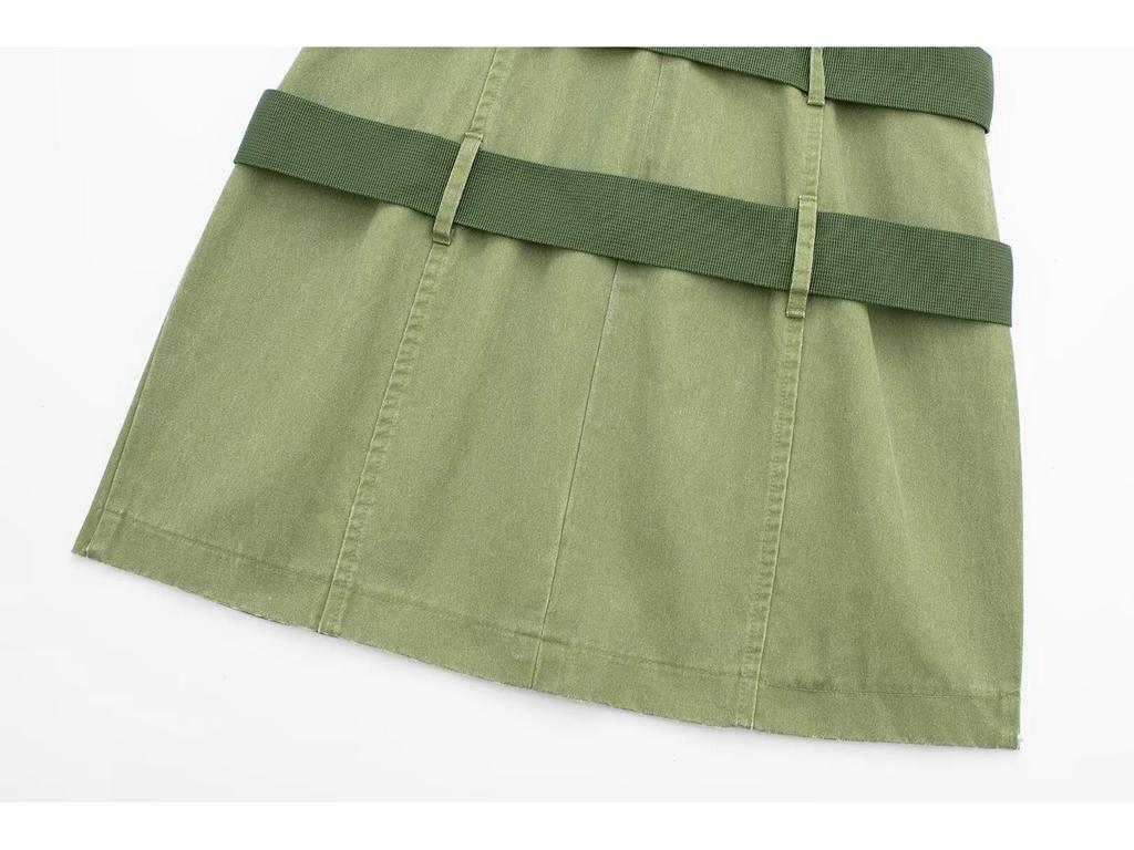 Spring European & American Style Mini Vest Dress with Waist Belt Details