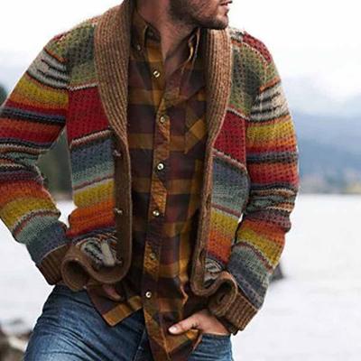 Men's Sweater Jacket Lapel Color-blocked Knitted Flip Collar Single Breasted Fashion Cardigan Sweater
