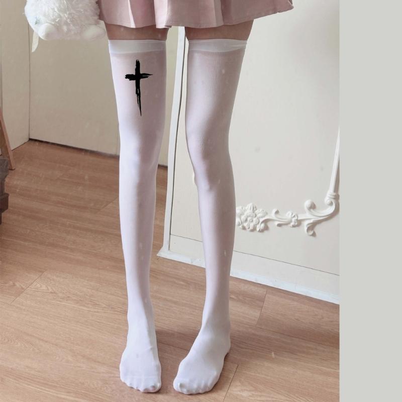Anime JK Mädchen Kreuz Print Strümpfe Damen Seiden Leggings Strumpfhosen Socken Cosplay Kostüm Über Knie Oberschenkel Hoch Lange Socken