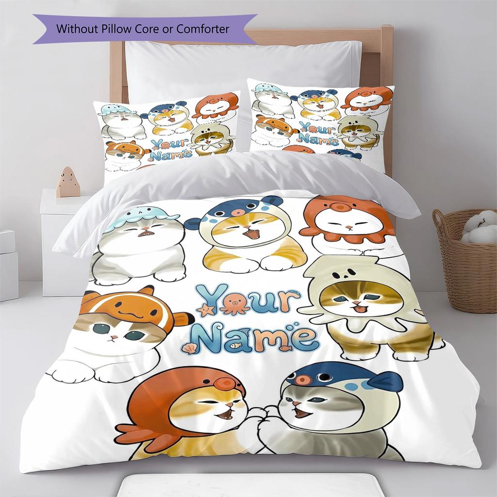 Bee Strawberry Cats Custom Name Pattern Bedding Quilt Set Quilt Cover Pillowcase Home Birthday Gift(1 * duvet cover + 2 * pillowcase, without core)
