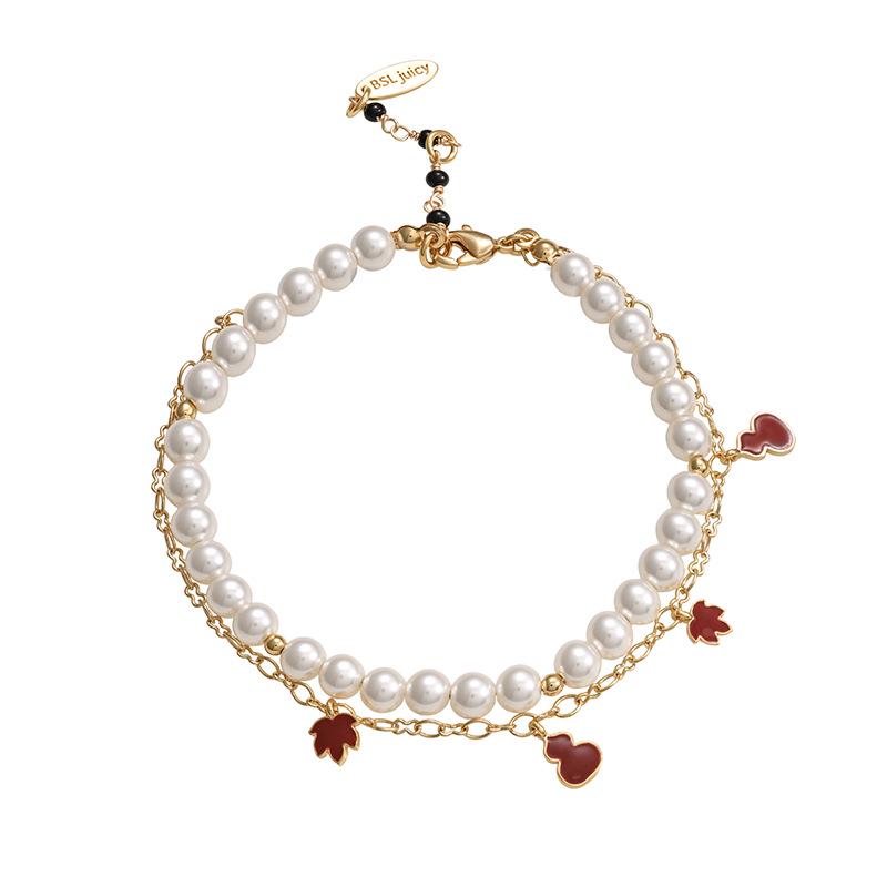 Exquisite Red Maple Leaf Enamel Gourd Multi-Pendant Pearl Double-Layer Chinese Bracelet Gift