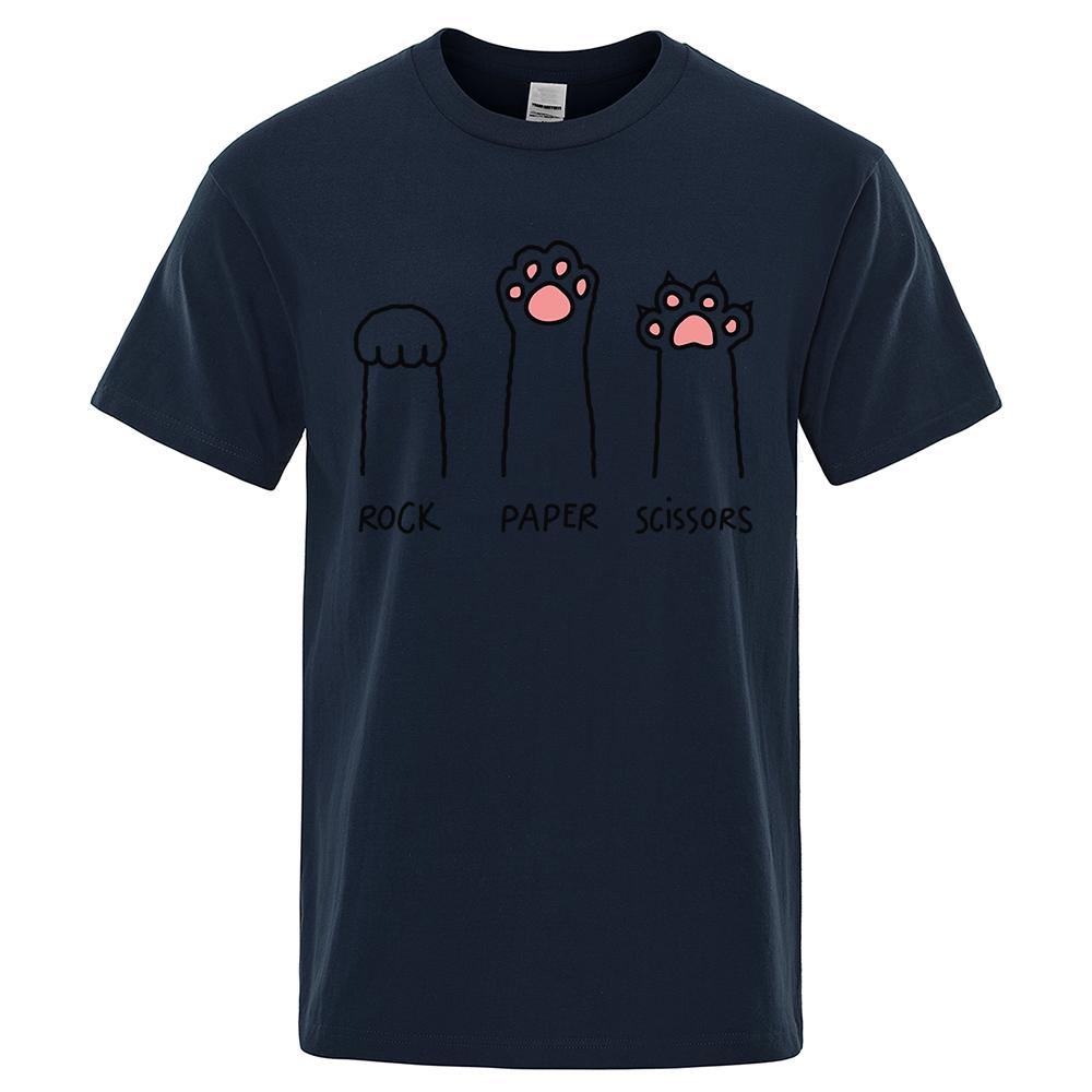 Rock Paper Scissors Funny Cat Print Clothes Men Fashion Oversize T-Shirt Casual Crewneck Tops Summer Cotton Loose T Shirt Couple