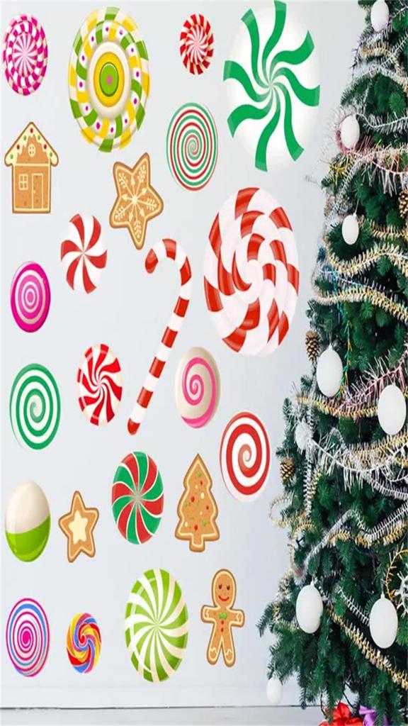 Christmas Wall Candy Cane and Gingerbread Candy Christmas Removable Wallpaper for Home Living Wall Paper Stickers, Pattern, Stylish, Colorful, Round,
