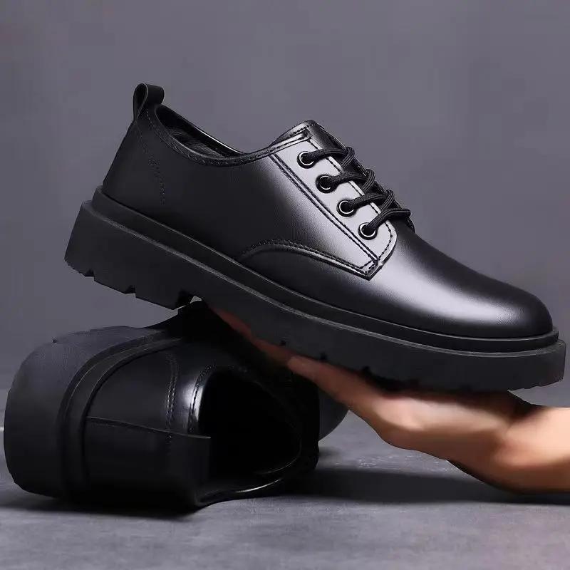 Fashion Leather Shoes Men Business Formal Casual Shoes Students Thick Bottom Lace Up Round Head Non-slip Comfortable Outdoor Shoes