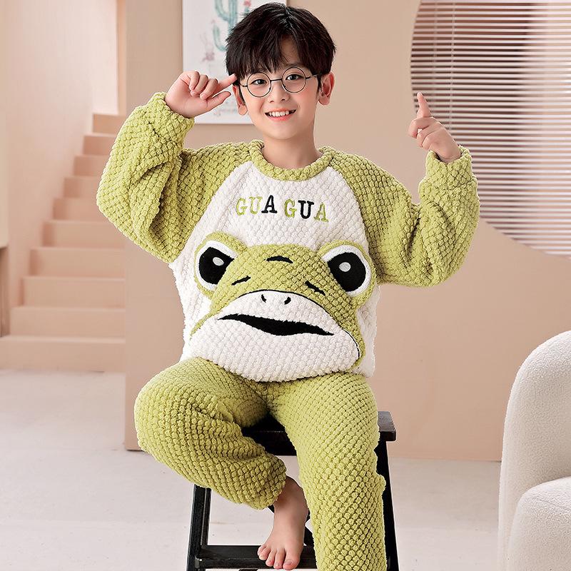 Flanell-Cartoon-Pyjama für Jungen - Langärmlig, Rundhalsausschnitt, Korallenfleece, Herbst/Winter