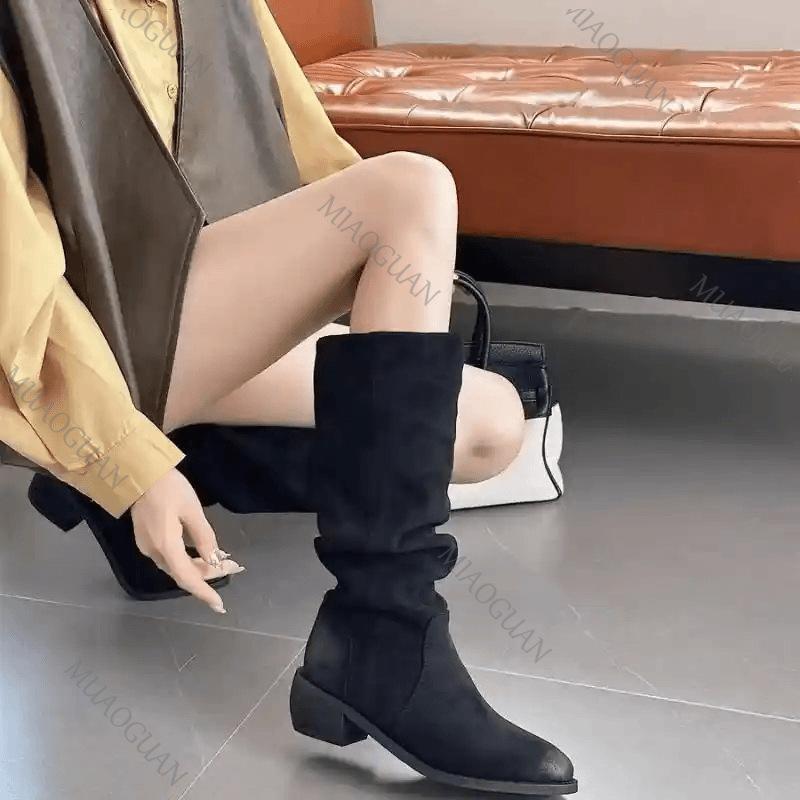Fashion Women's Boots Stacked Pleated Temperament Middle Heeled Women Shoe Fashion Autumn Solid Color Long Tube Female High Knight Botas