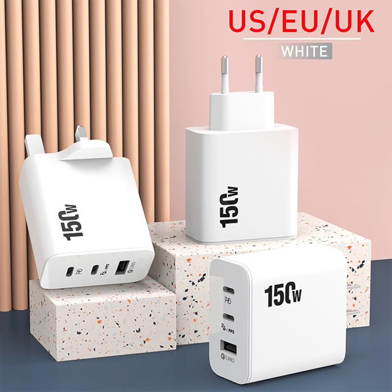 Caricabatterie super rapido da 150 W, ricarica ultra rapida, 3 porte PD tipo C per iPhone, Samsung, Xiaomi