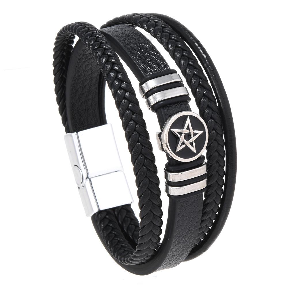 Ретро Европейско-Американский Многослойный Плетеный Мужской Браслет со Звездами