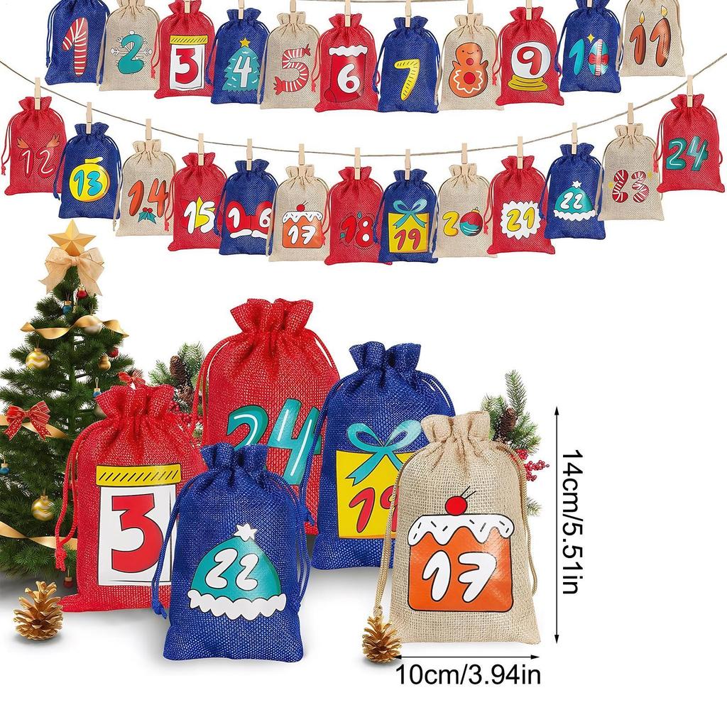 Weihnachts-Countdown-Taschen Weihnachtsdeko 24-Tage Füllbare Leere Kordelzugtaschen Mit Nummern Für Hochzeit Feiertag Geburtstag