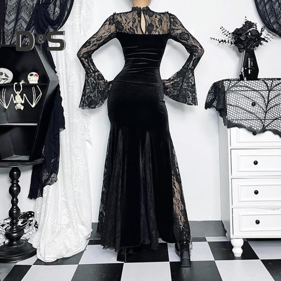 Women Cosplay Dress Dark Style Halloween Party Costume Lace Patchwork Flower Embroidery Fish Tail Hem Long Sleeves Tight Waist A-line Performance