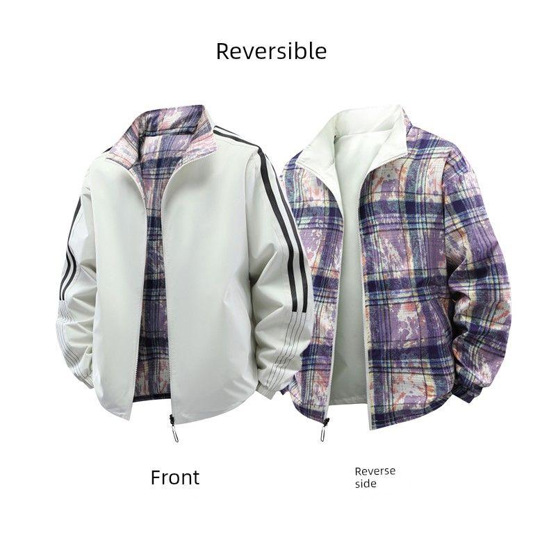 

Wassup American-Style Striped Sports Stand-Up Collar Jacket for Men, Spring and Autumn Casual Loose Double-Sided Zipper Couple Jacket Beige L