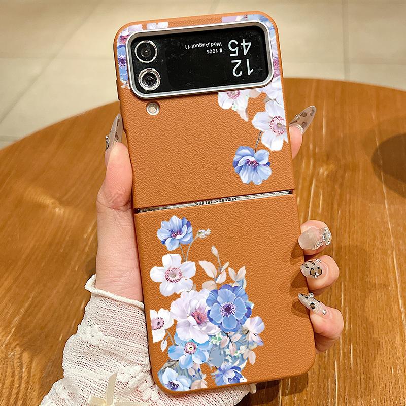 Leather Texture TPU Case For Magsafe For Samsung Galaxy Z Flip 6 5 4 3 5G Flip6 Flip5 Flip4 Blue Flower Patterned Folding Cover