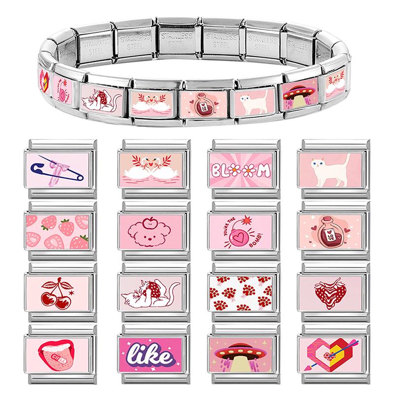 New Pink Y2K Strawberry Cherry Heart Cat Dog Flower Bow Italian Charm Links Fit 9mm Stainless Steel Bracelet Women DIY Making
