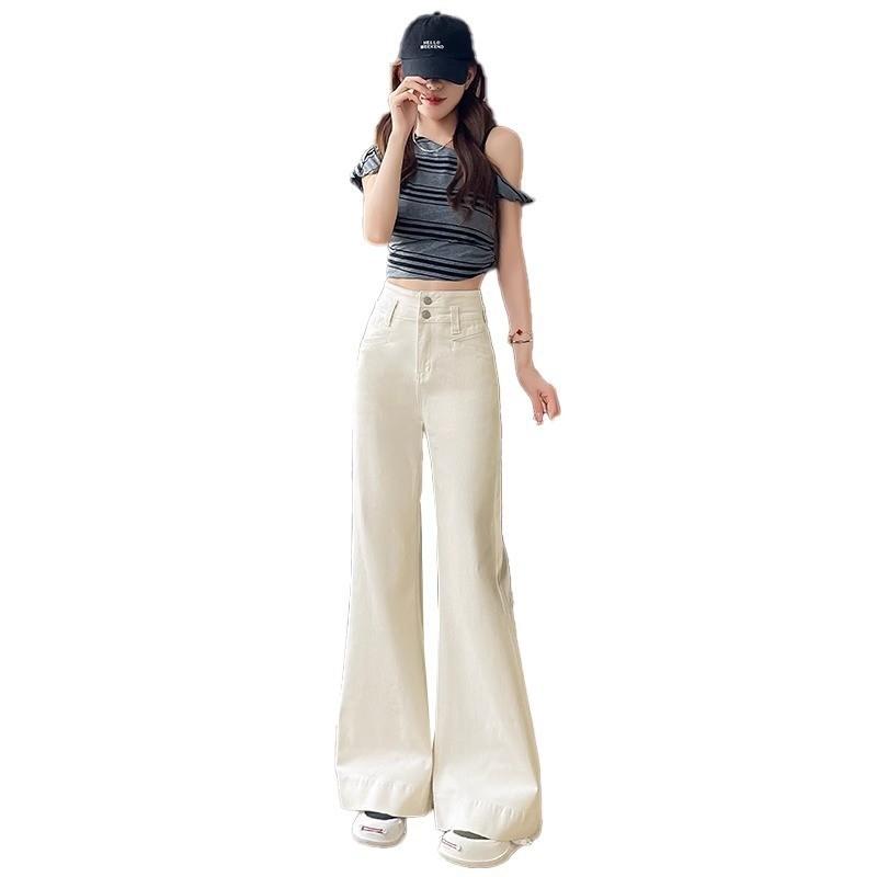 Womens Beige Wide-Leg Flare Jeans High-Waisted Loose Fit Streetwear Denim Pants Casual Chic