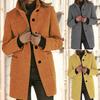 Women Winter Overcoat Single-breasted Retro Stand Collar Long Sleeves Buttons Cardigan Mid Length Spring Autumn Outdoor Woolen Coat