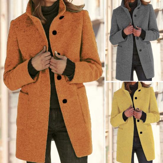 Women Winter Overcoat Single-breasted Retro Stand Collar Long Sleeves Buttons Cardigan Mid Length Spring Autumn Outdoor Woolen Coat