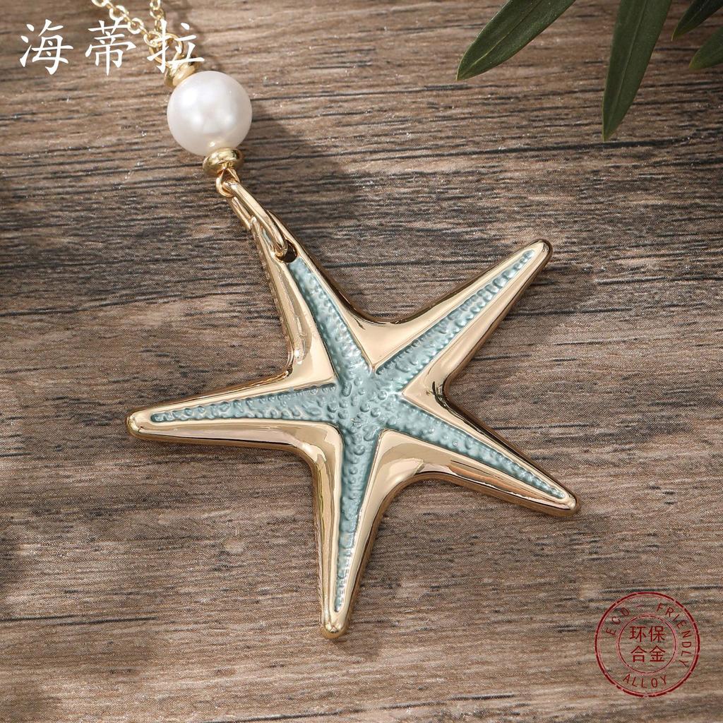 Nowy kolor malowany olejny naszyjnik wakacyjny plażowy z rozgwiazdą, bohemski wisiorek z rozgwiazdą, przesadny łańcuch na szyję