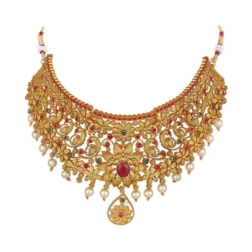 Neuestes Stilvolles Ausgefallenes Perlen-Choker Traditionelles Schmuckset für Damen | Tempel-Halsketten-Set | Festliches Hochzeits-Party-Halsketten-Set